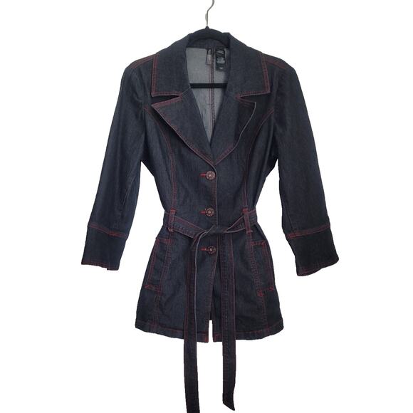 Bisou Bisou Denim Contrast Stitch Trench Coat Size L Navy Preppy Academia Y2k - Picture 1 of 9